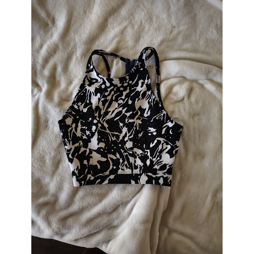 Hollister XS Black White Abstract Print High Neck Zip Back Crop Top Tank